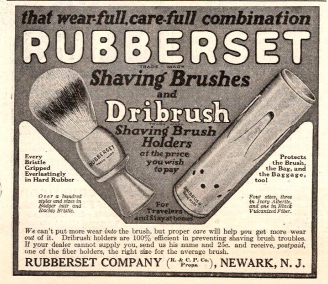 1918 RUBBERSET SHAVING BRUSH PRINT AD, MEN GROOMING, WWI ERA VTG PRINT AD