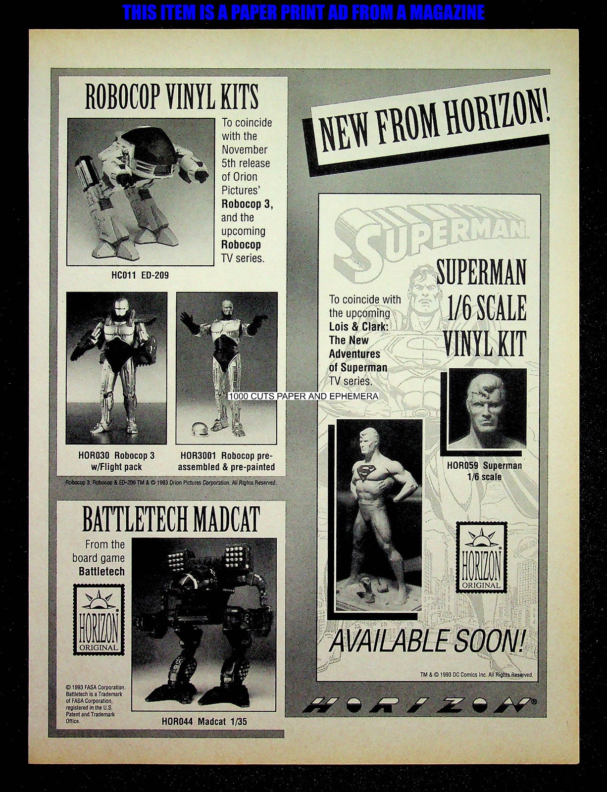 Battletech Robocop Superman Figures Horizon 1993 Print Magazine Ad Poster ADVERT