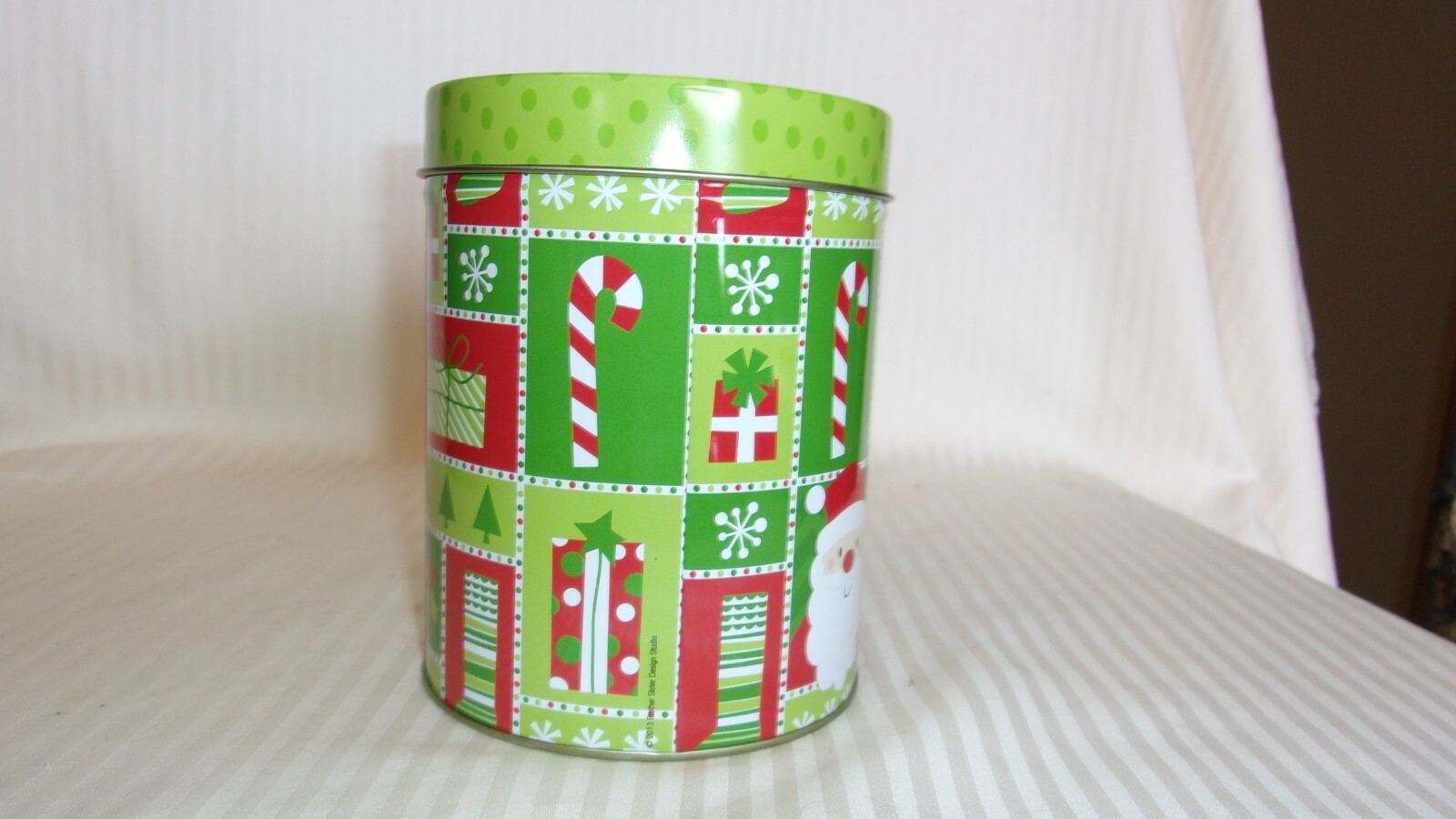 Santa & Reindeer Merry Christmas Decorative Round Metal Tin 5.25″ Tall