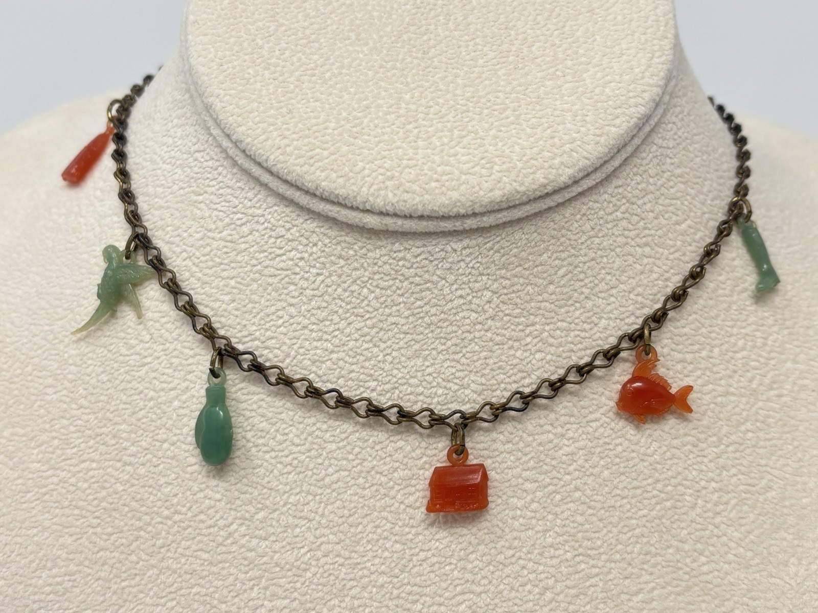 Vintage Miniature Cracker Jack Charm Early Plastic Celluloid Necklace 20/30’s
