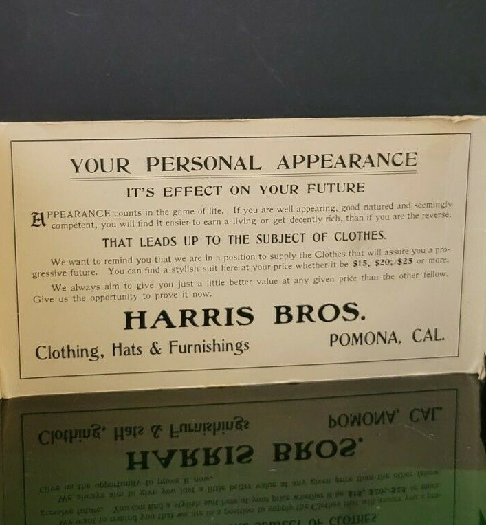 1909 Harris Brothers Clothing Hat Furnishings Advertising Rare Antique Postcard