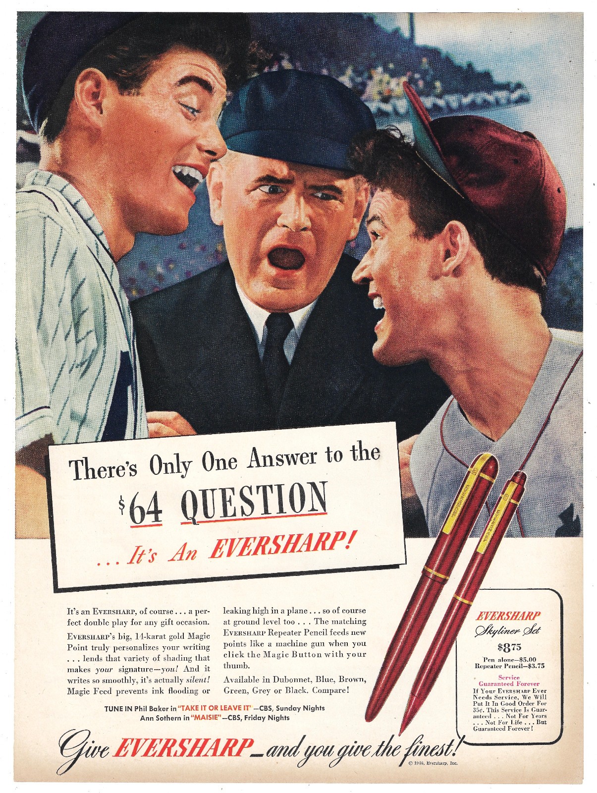 Eversharp Vintage Pen Pencil Ad 1940s Mid Century Office Wall Art Baseball 1946