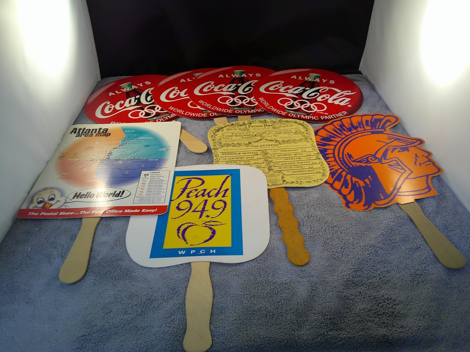 Vintage Olympic Cardboard Hand Fan Coca-Cola, Peach 94.9,Spartan Lincoln, Postal