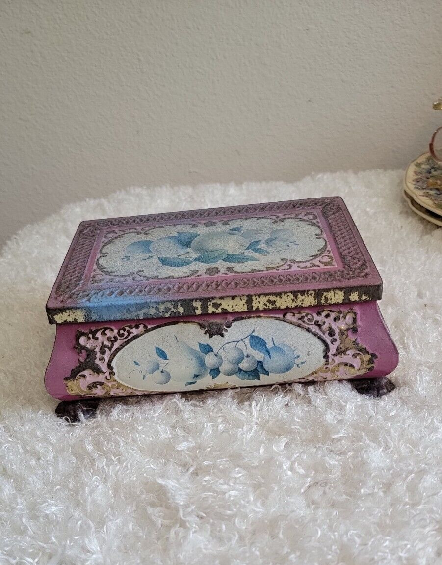 FRIDA & NADA Vintage Tin Western Germamy Fruit Pink White Gold Footed