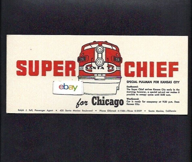 SANTA FE RAILROAD INK BLOTTER SUPER CHIEF PULLMAN KANSAS CITY-CHICAGO UNUSED