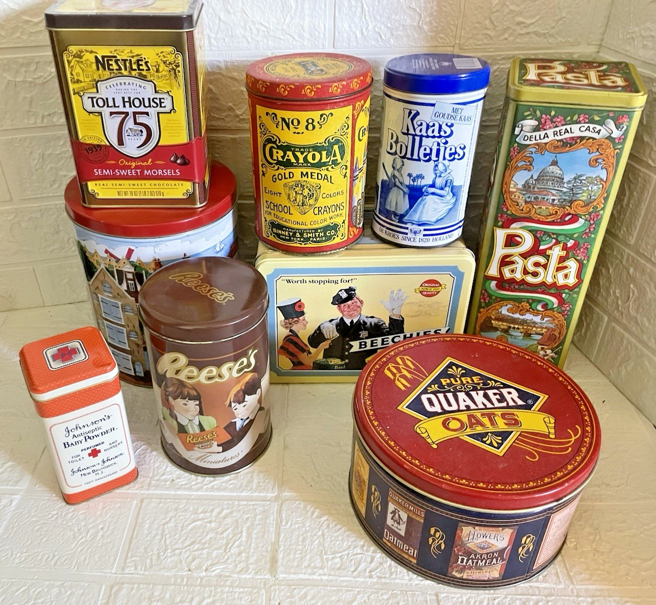 Vintage Advertising Tin Can Box Lot of 9: Quaker, Hershey, Johnson’s, Crayola+