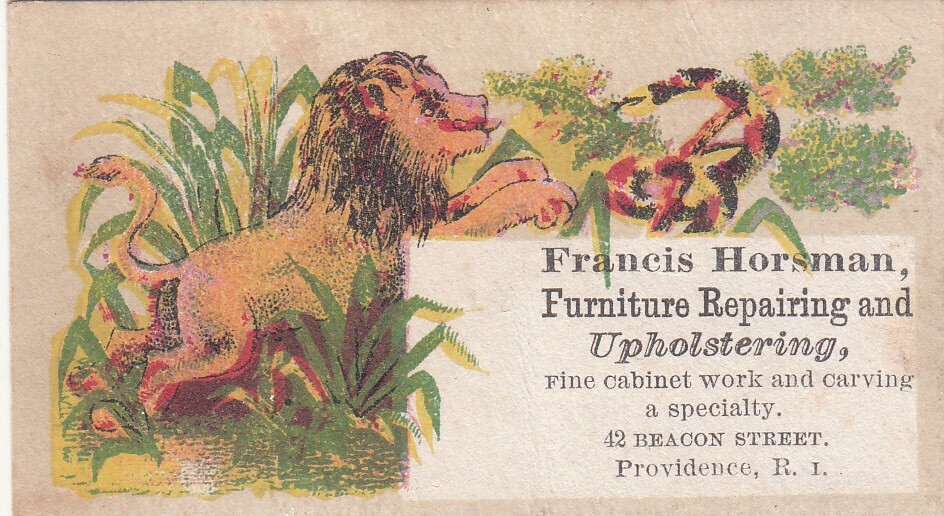 Francis Horsman Furniture Upholstery Providence RI Lion Snake Vict Card c1880s