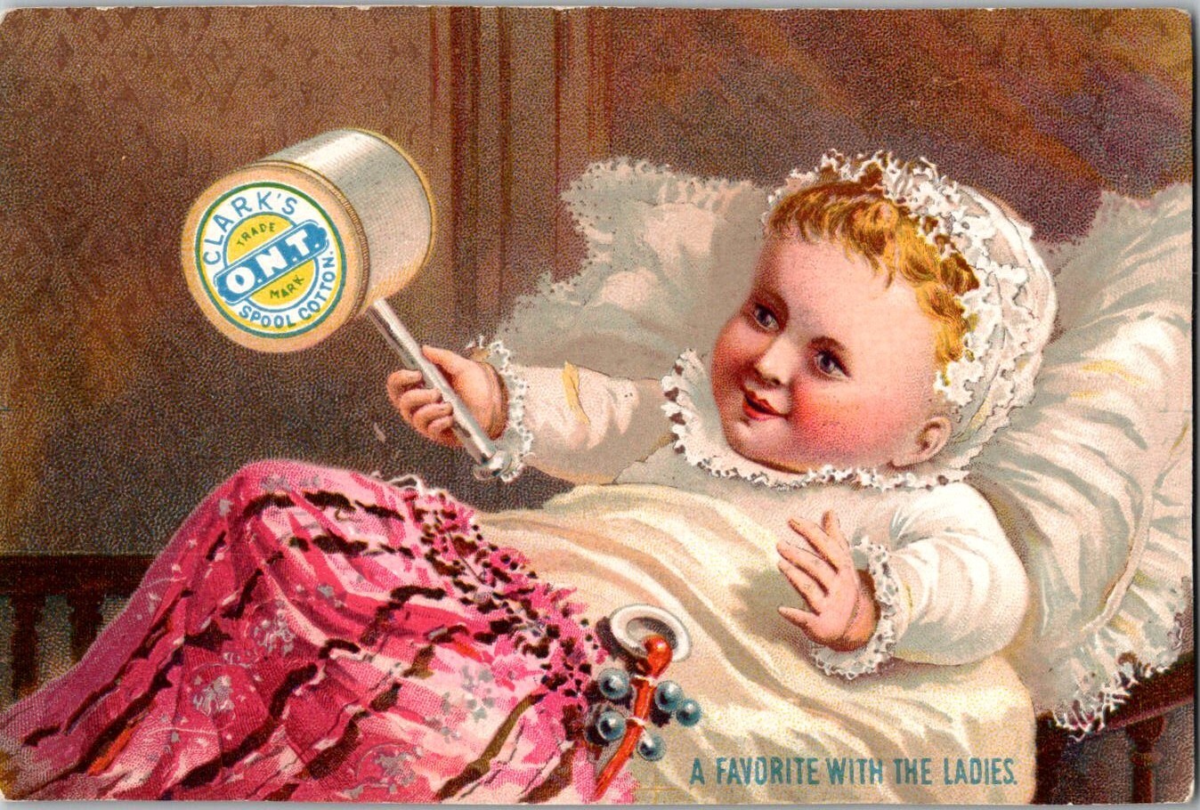 Clark’s ONT Spool Cotton Baby has Spool Rattle Victorian Trade Card Geo A Clark