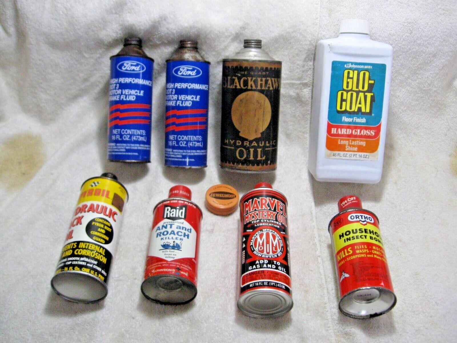 Vintage Tins, Cans, Bottles-FORD, BLACKHAWK, GLO-COAT, RAID, 3M, STA-BIL, PYROIL