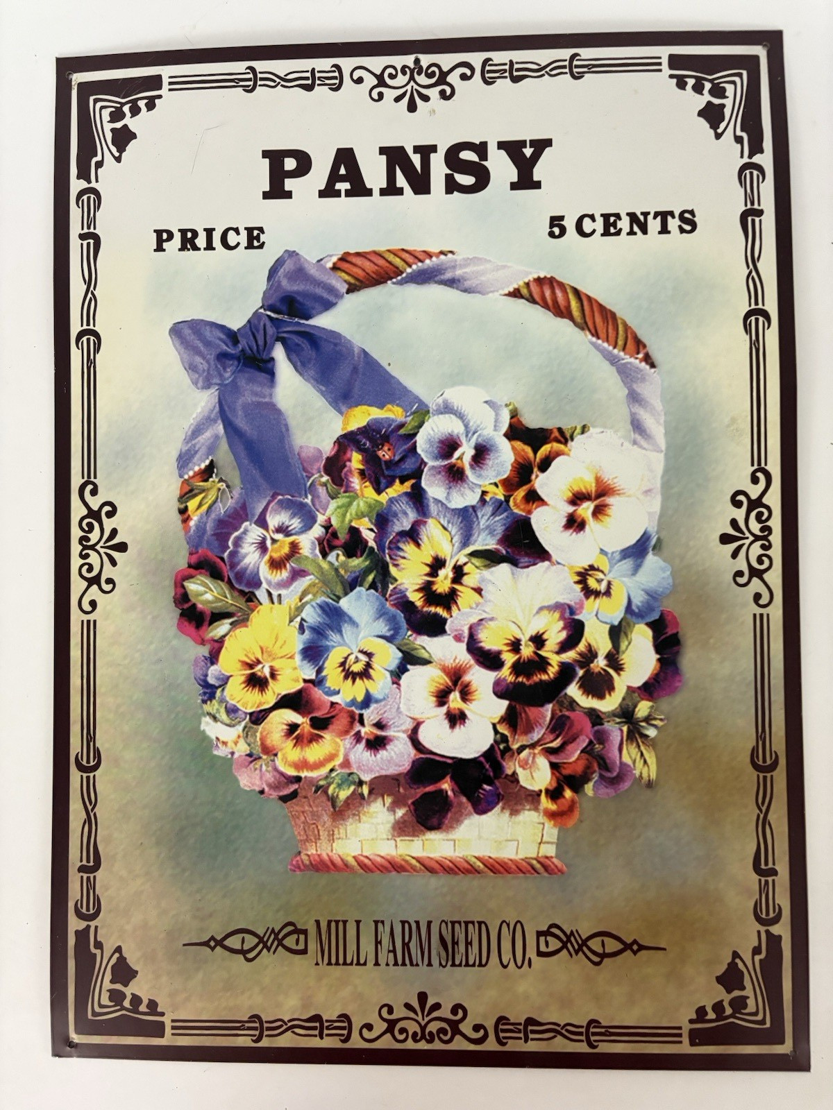 Tin Sign – Mill Farm Seed Co. Sign Pansy Flower Price 5 cents – 16.5 x 12