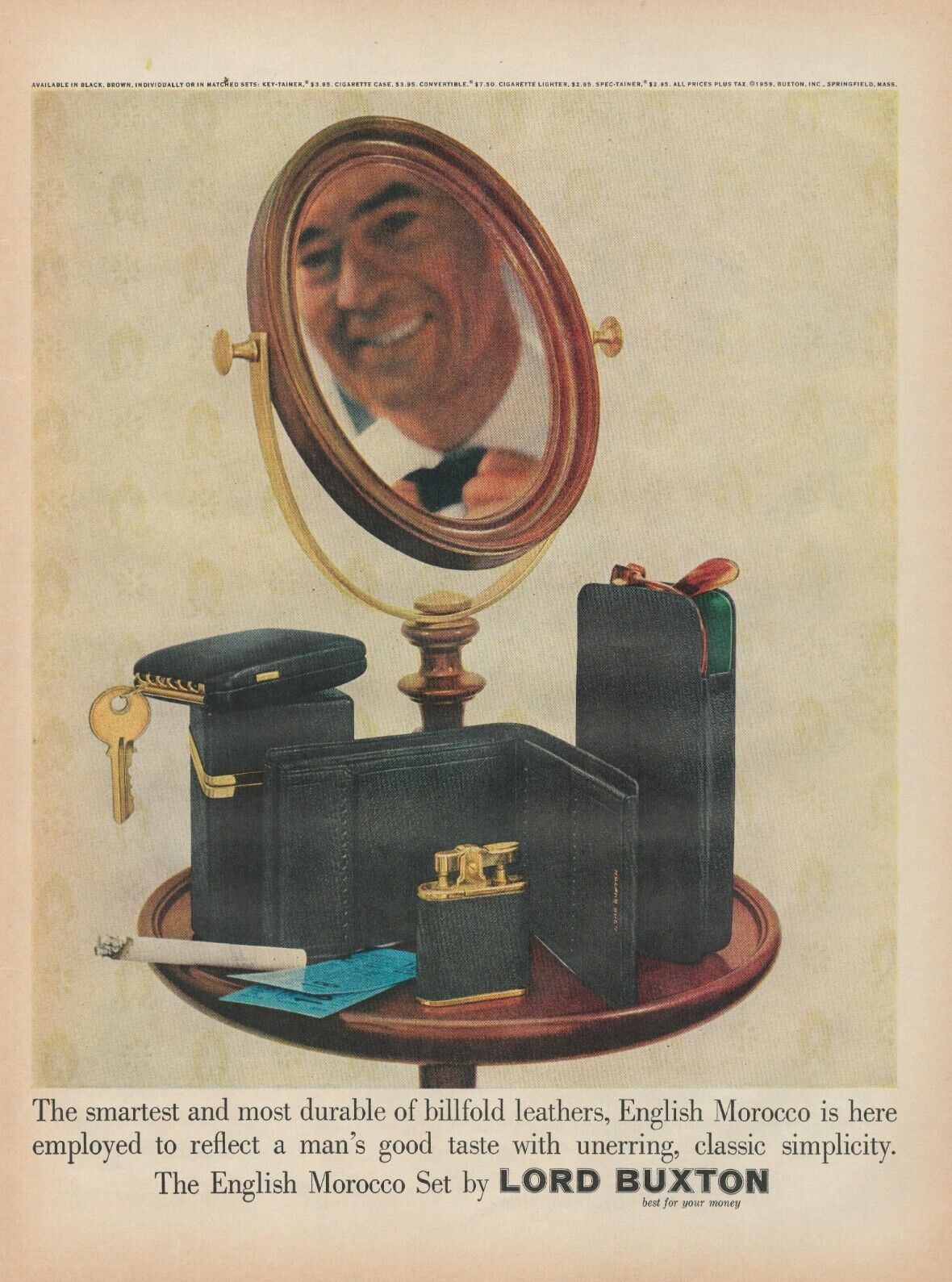 1959 Lord Buxton English Morocco Set Leathers Billfold Keys, Lighter Print Ad