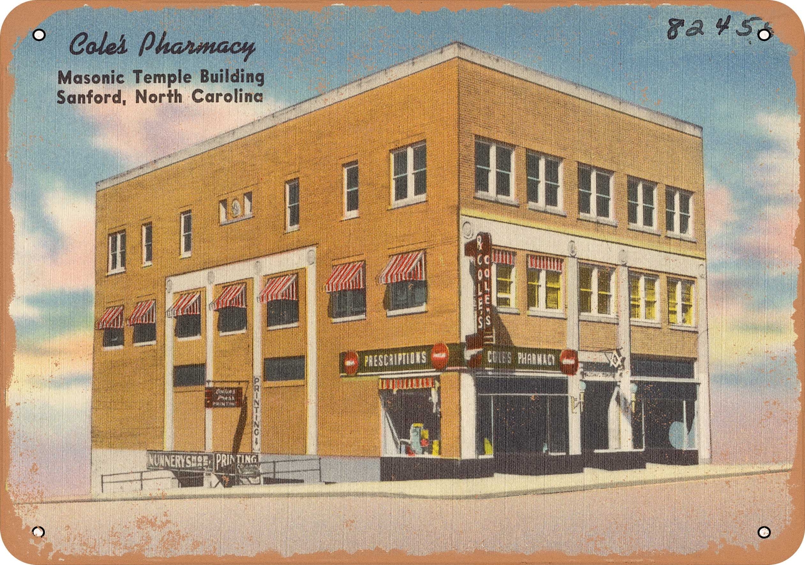 METAL SIGN – North Carolina Postcard – Cole’s Pharmacy, Masonic Temple Building