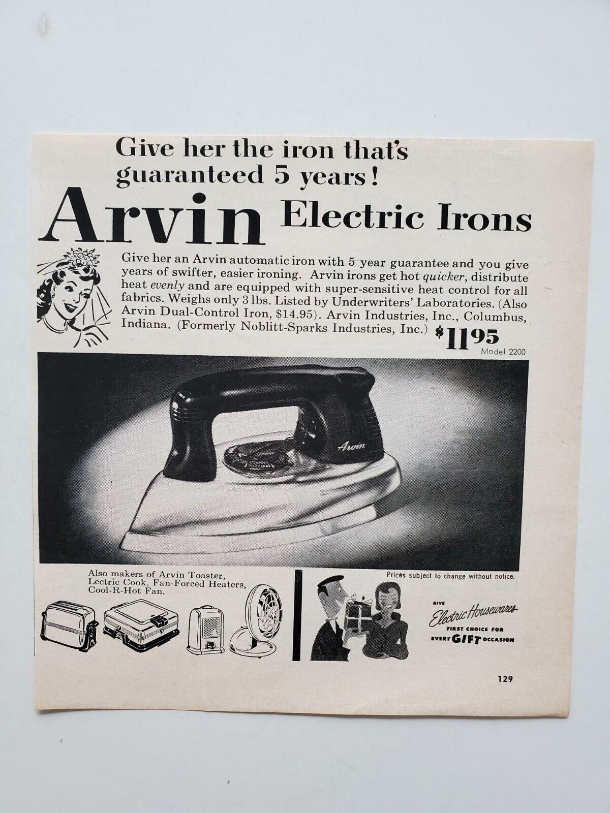 Arvin Electric iron 5 Year Guarantee Other Small Appliance 1951 Vintage Print Ad