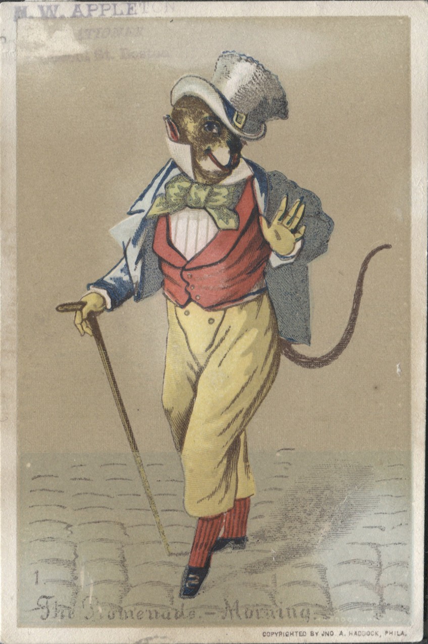 Victorian Trade Card Dressed Monkey Fig Scheherazade Clapp Stationery Boston