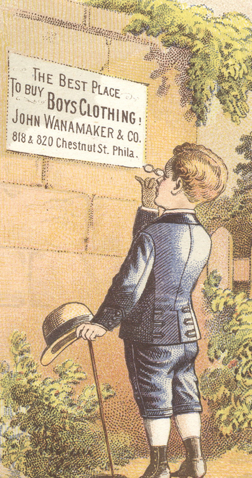 PHILADELPHIA TRADE CARD, BOY w/ PRINCE NEZ GLASSES & J WANAMAKER & CO SIGN C615