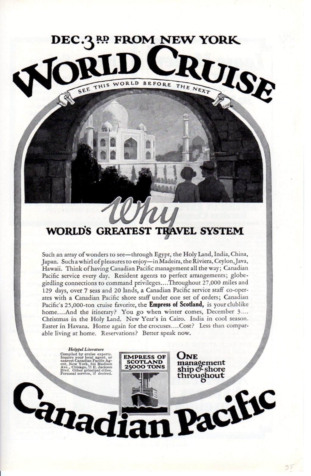 1925 Vintage print ad Canadian Pacific World Cruise Dec 3 1925 American Express