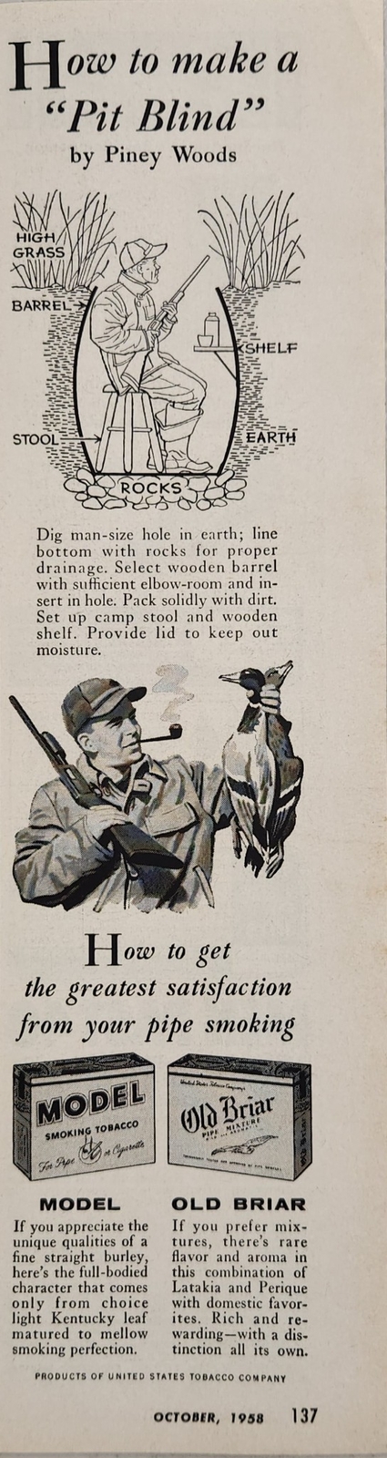 1958 Print Ad Model & Old Briar Tobacco Duck Hunter Smoking Pipe “Pit Blind”
