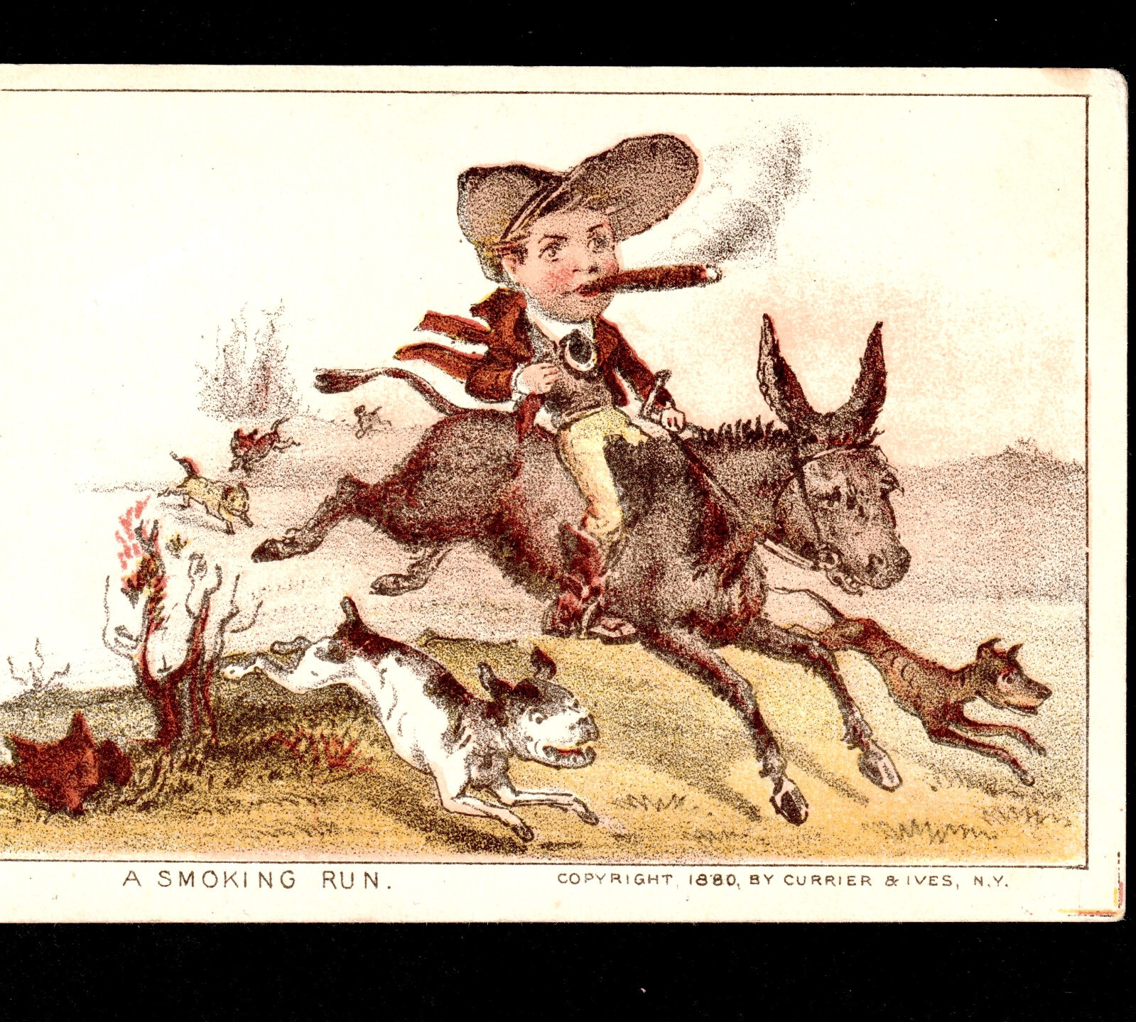 Currier & Ives 1880 © Cigar Smoking Run Hunt Tobacco Victorian Trade Card SR.139