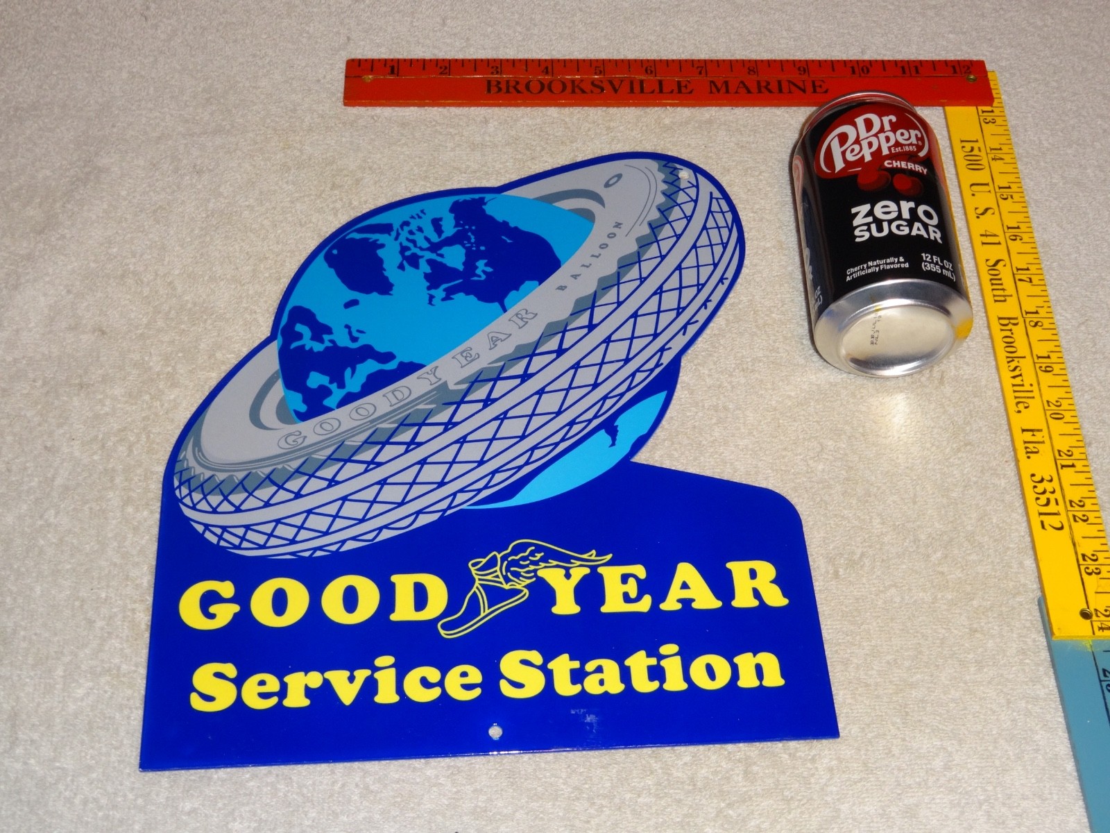 VINTAGE GOODYEAR SERVICE STATION TIRE AROUND WORLD 12″ ENAMEL METAL GAS OIL SIGN