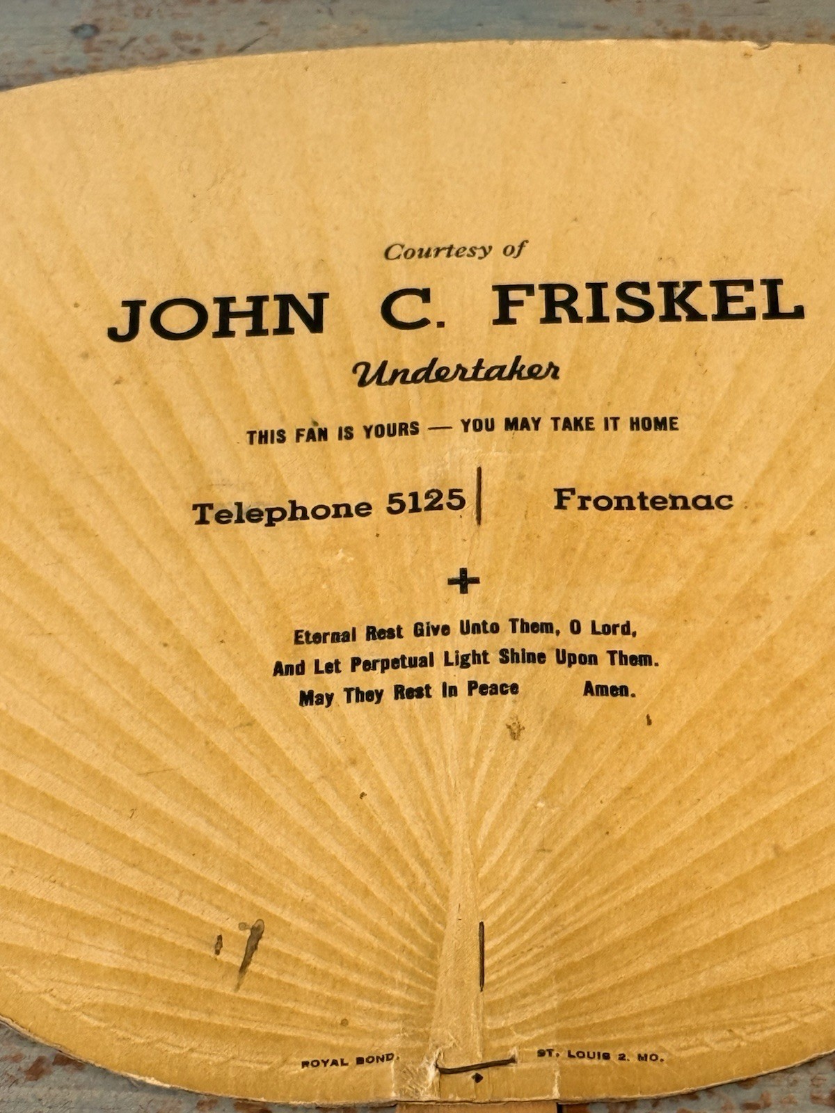 Vintage Funeral Hand Fan John C. Friskel Undertaker Frontenac Kansas