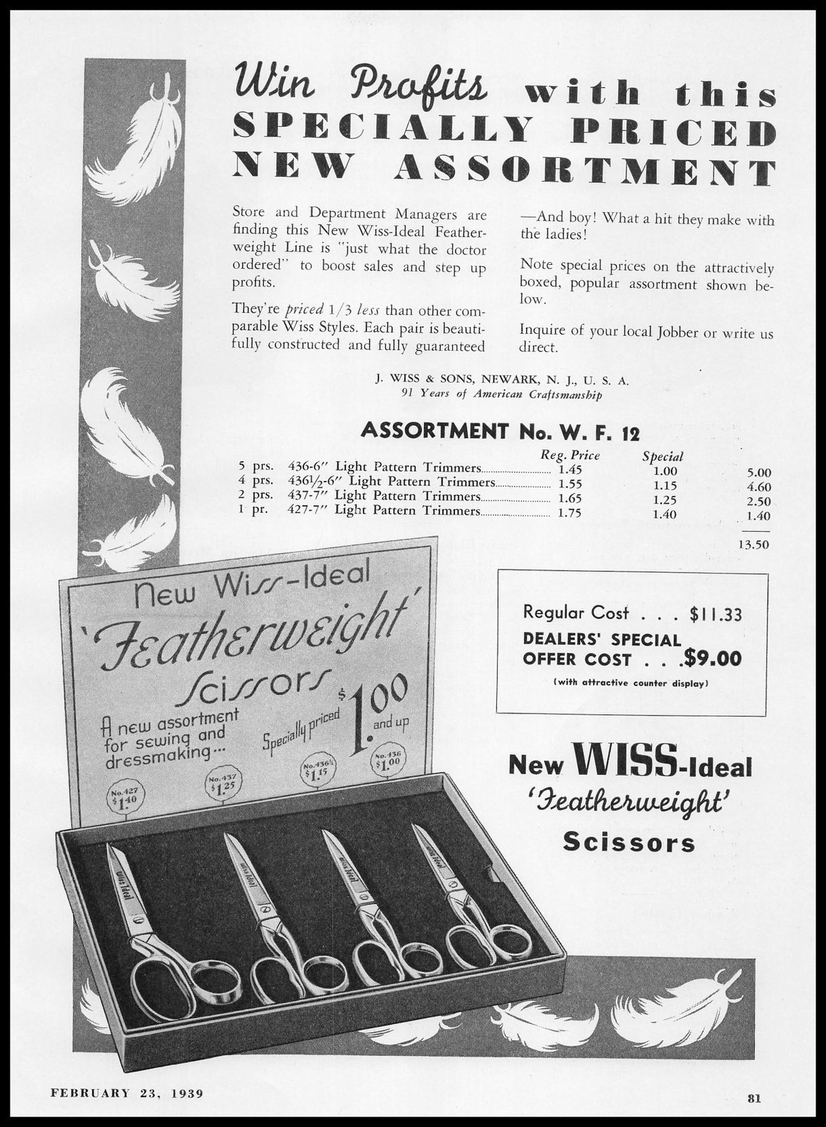 1939 J Swiss & Sons Newark $1.00 Featherweight Scissors Display Vintage Print Ad