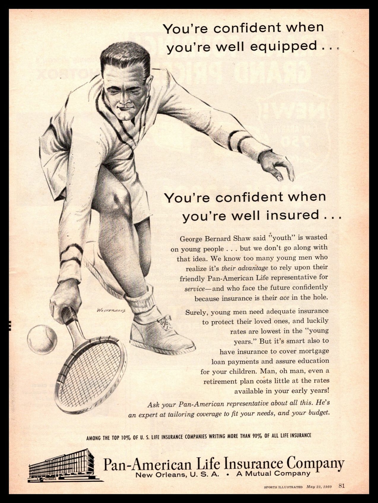 1960 Pan-American Life Insurance Building New Orleans Tennis Player Art Print Ad