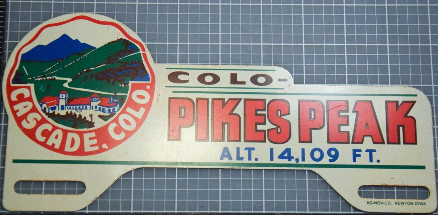 PIKES PEAK CASCADE COLORADO PAINTED METAL TOPPER SIGN ROCKY MOUNTIANS 1950s