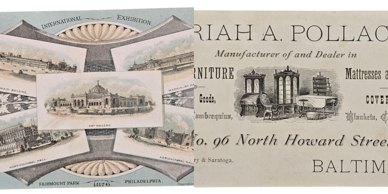 1876 antique URIAH A POLLACK baltimore md FURNITURE MATTRESS BEDDING ad card