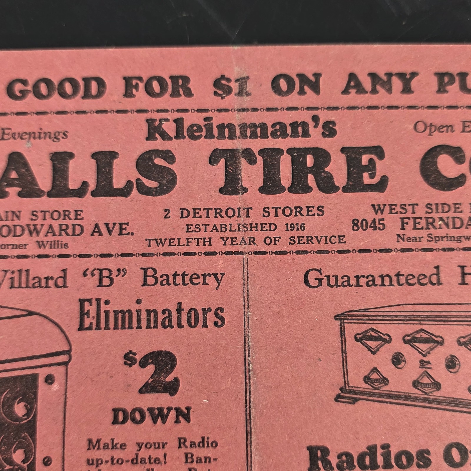 1928 Kleinman’s Falls Tire Co Detroit Willard Battery Radio Coupon Advertising