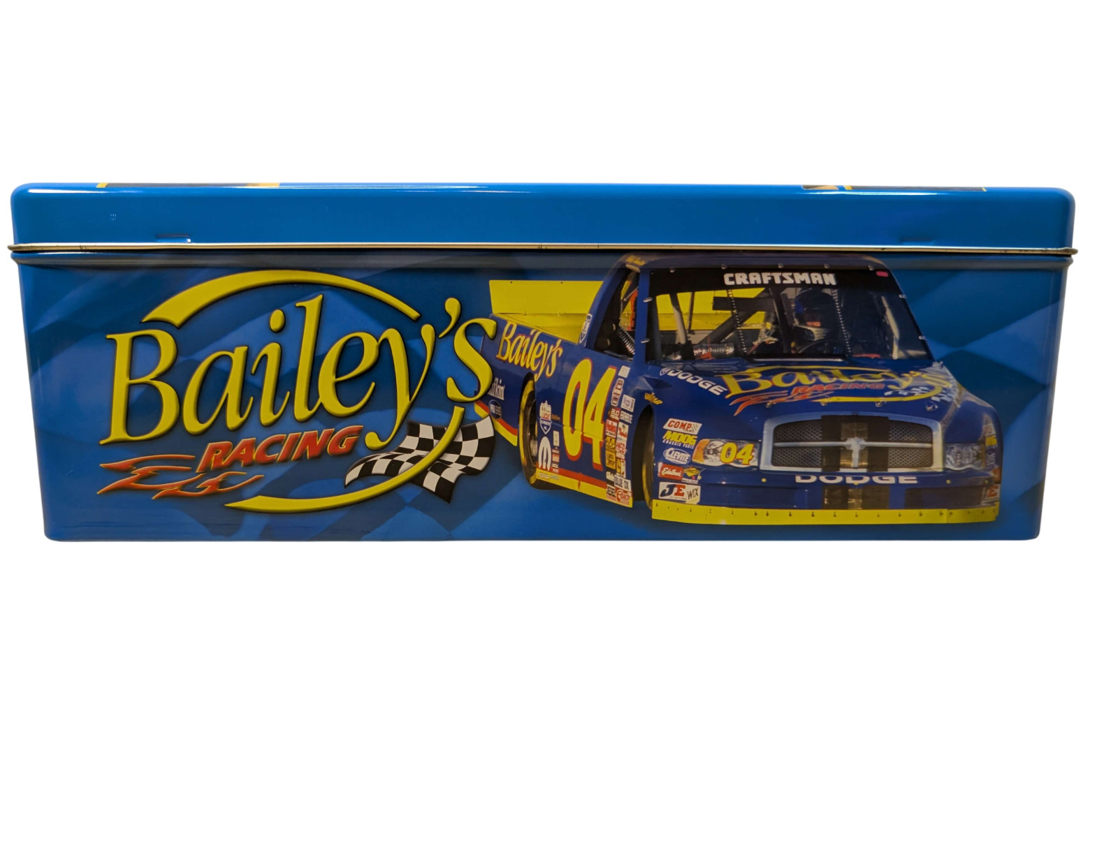 Vintage Bailey’s Racing Tin Box Metal Collectible Blue & Yellow