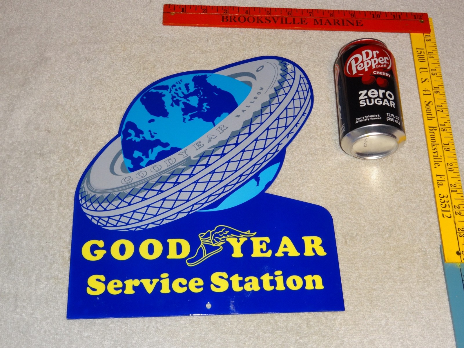 VINTAGE GOODYEAR SERVICE STATION TIRE AROUND WORLD 12″ ENAMEL METAL GAS OIL SIGN