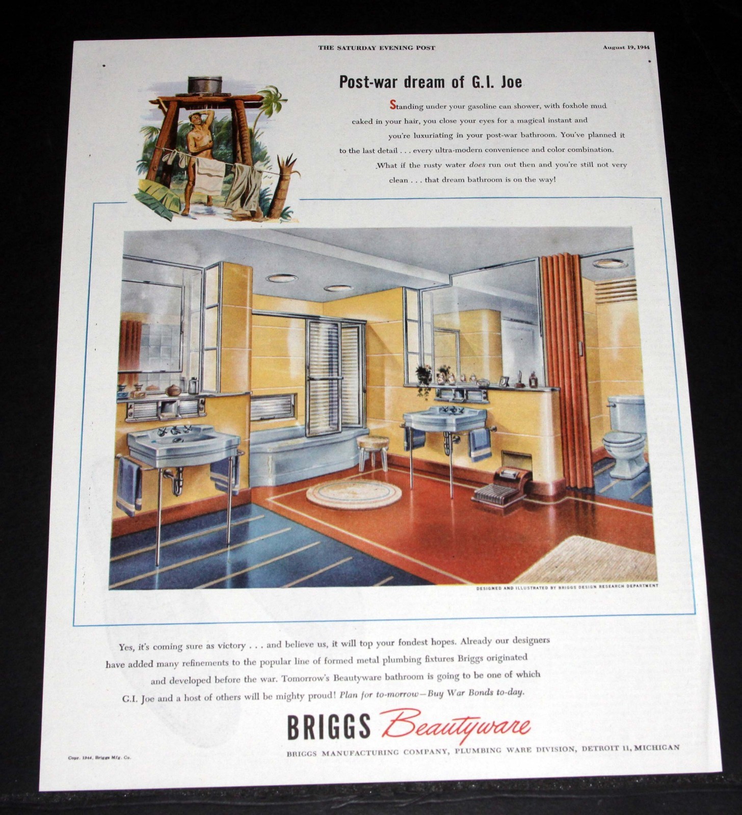 1944 OLD WWII MAGAZINE PRINT AD, BRIGGS BEAUTYWEAR, POST-WAR DREAM OF G.I. JOE!