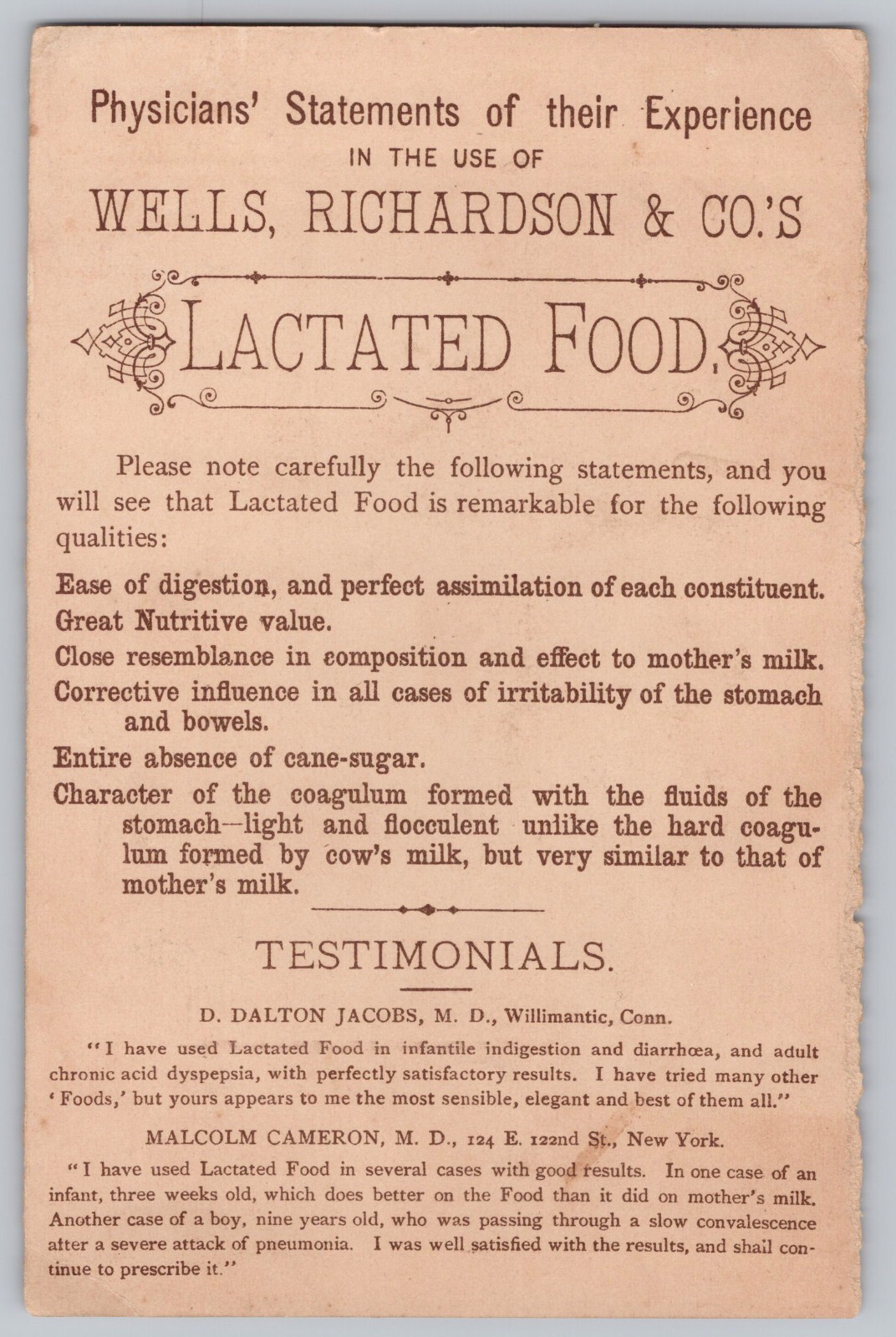 Victorian Trade Card – Wells Richardson Lactated Infant Food – Stomach & Bowels