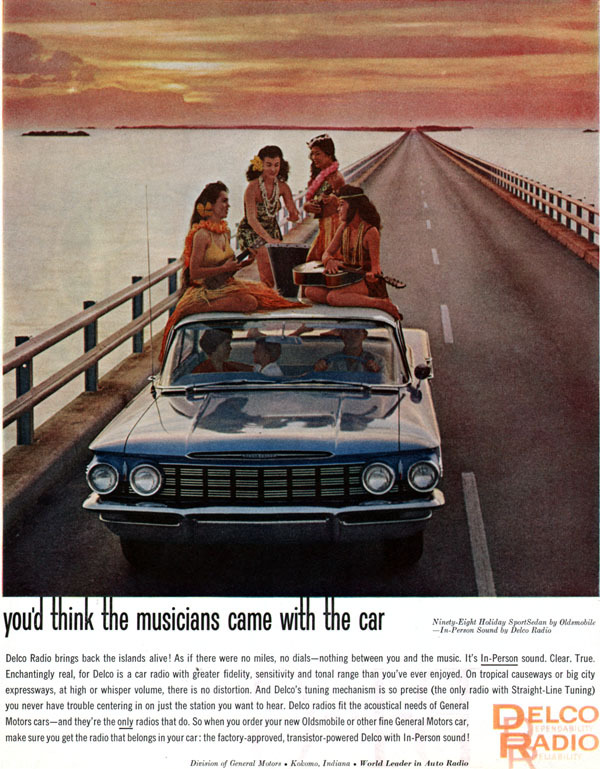 Hawaiian Band HULA GIRLS Oldsmobile Convertible Sedan Delco Radio 1960 Print Ad