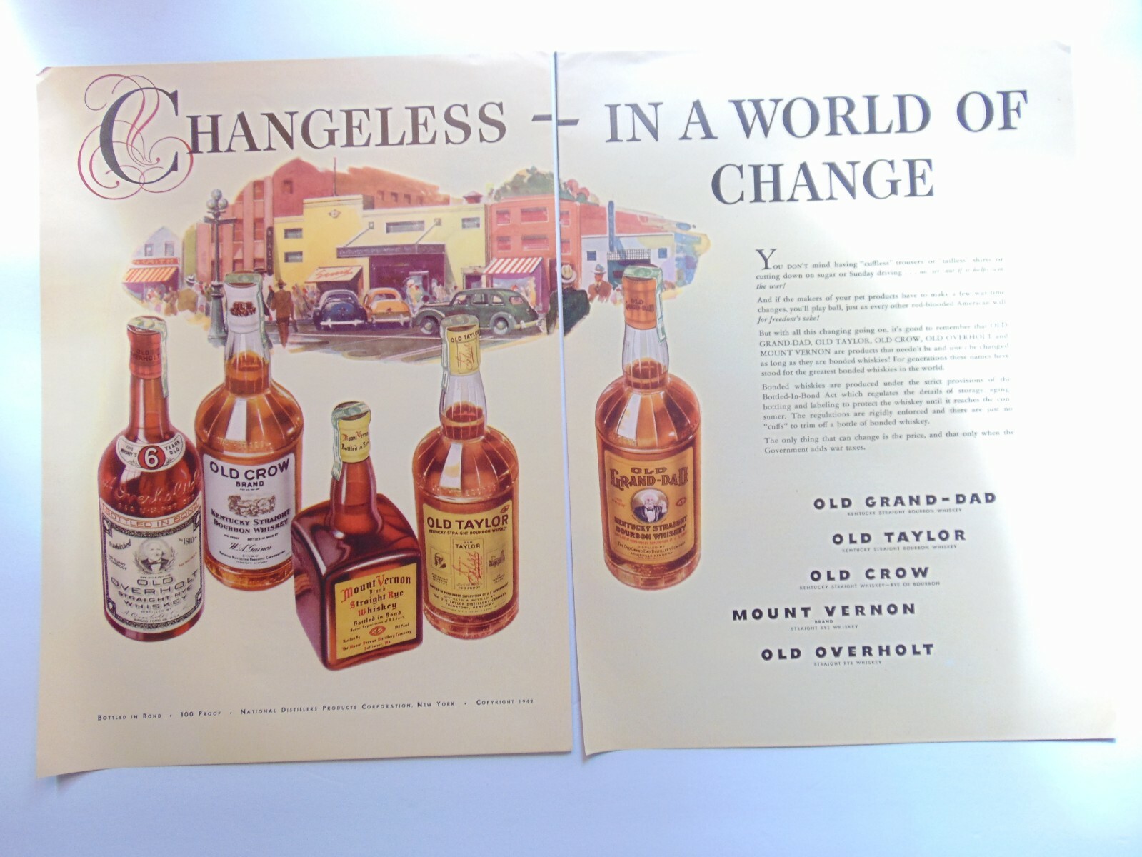 1942 Changeless Whiskey Old Crow Grandad Taylor Overholt vintage art print ad