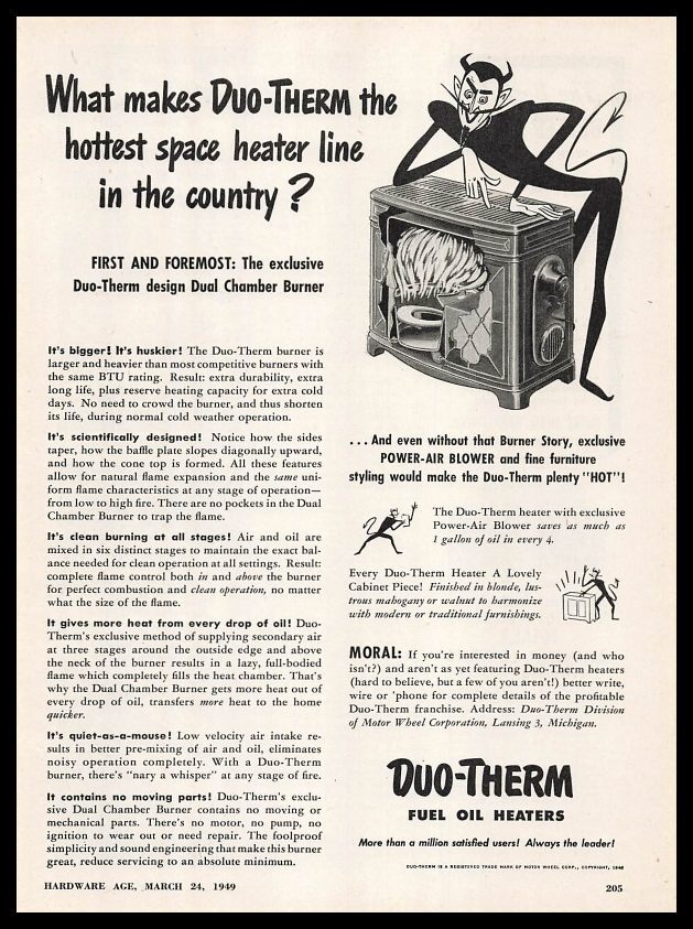 1949 Duo-Therm Lansing Michigan Dual Chamber Space Heater Devil Cartoon Print Ad