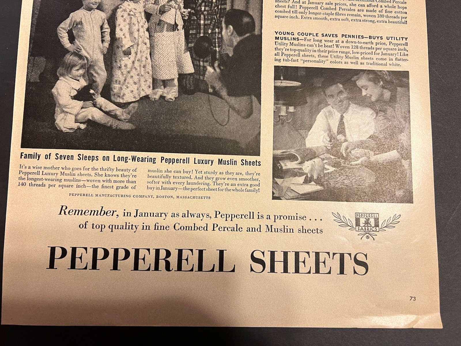 Vtg 1950s AD-Pepperell Sheets-Blizzard of White Sales Sweeps Country-Big Values