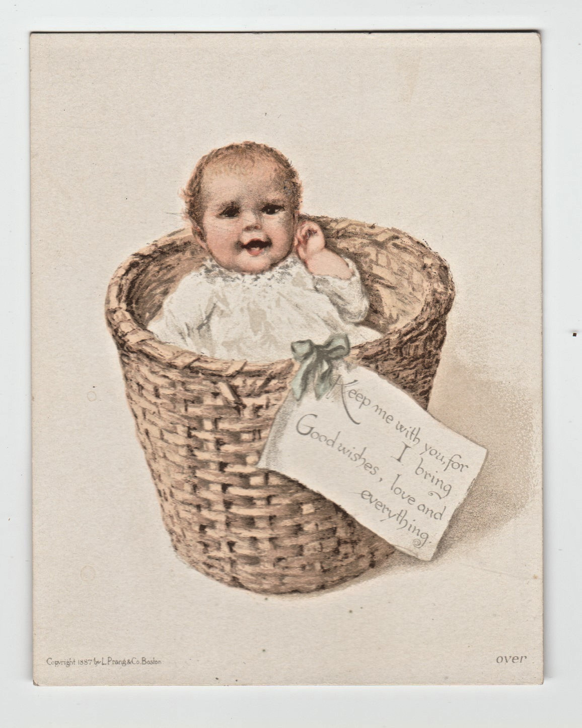 1887 PRANG Victorian Lenox Soap Trade Card Baby in Basket Lisping Lenox Poem