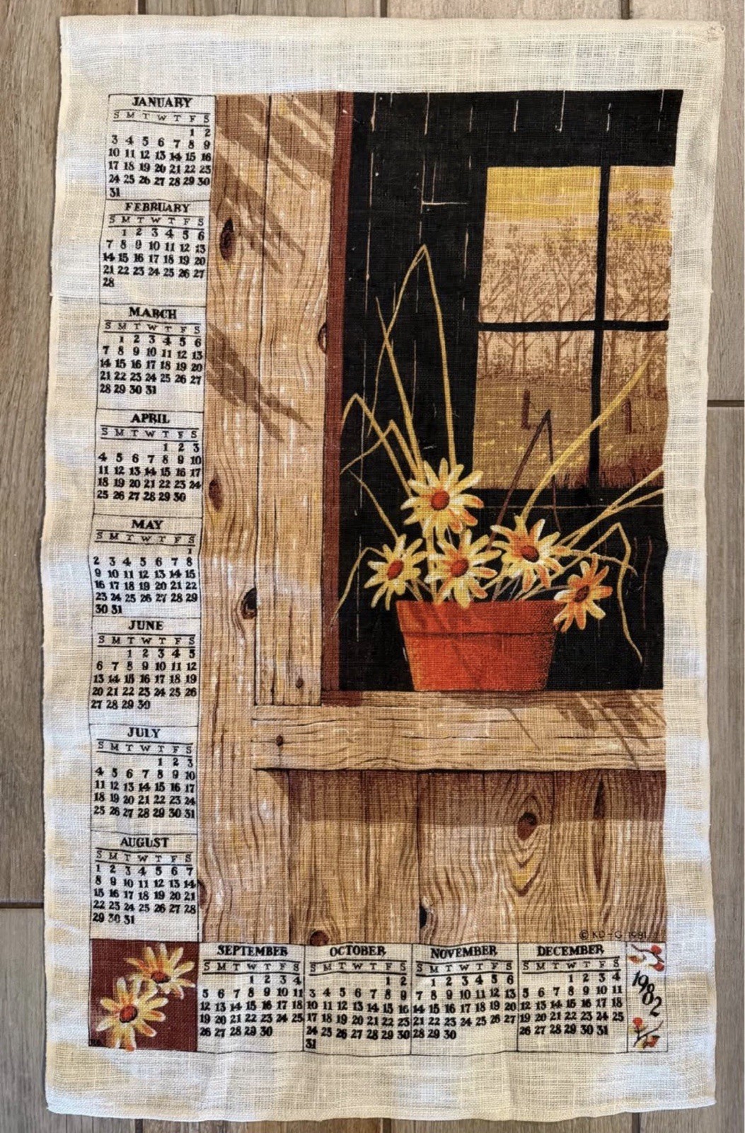 KD-G 1982 Calendar Linen Advertising Sign Collectible Brown Beige Yellow