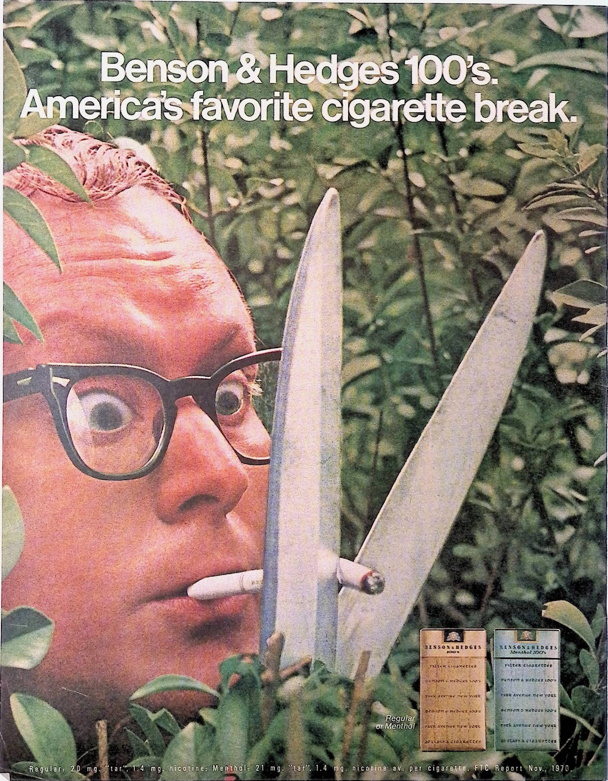 1971 Pruning Cigarette End in Bushes Benson & Hedges 100s Print Ad LIFE April 9