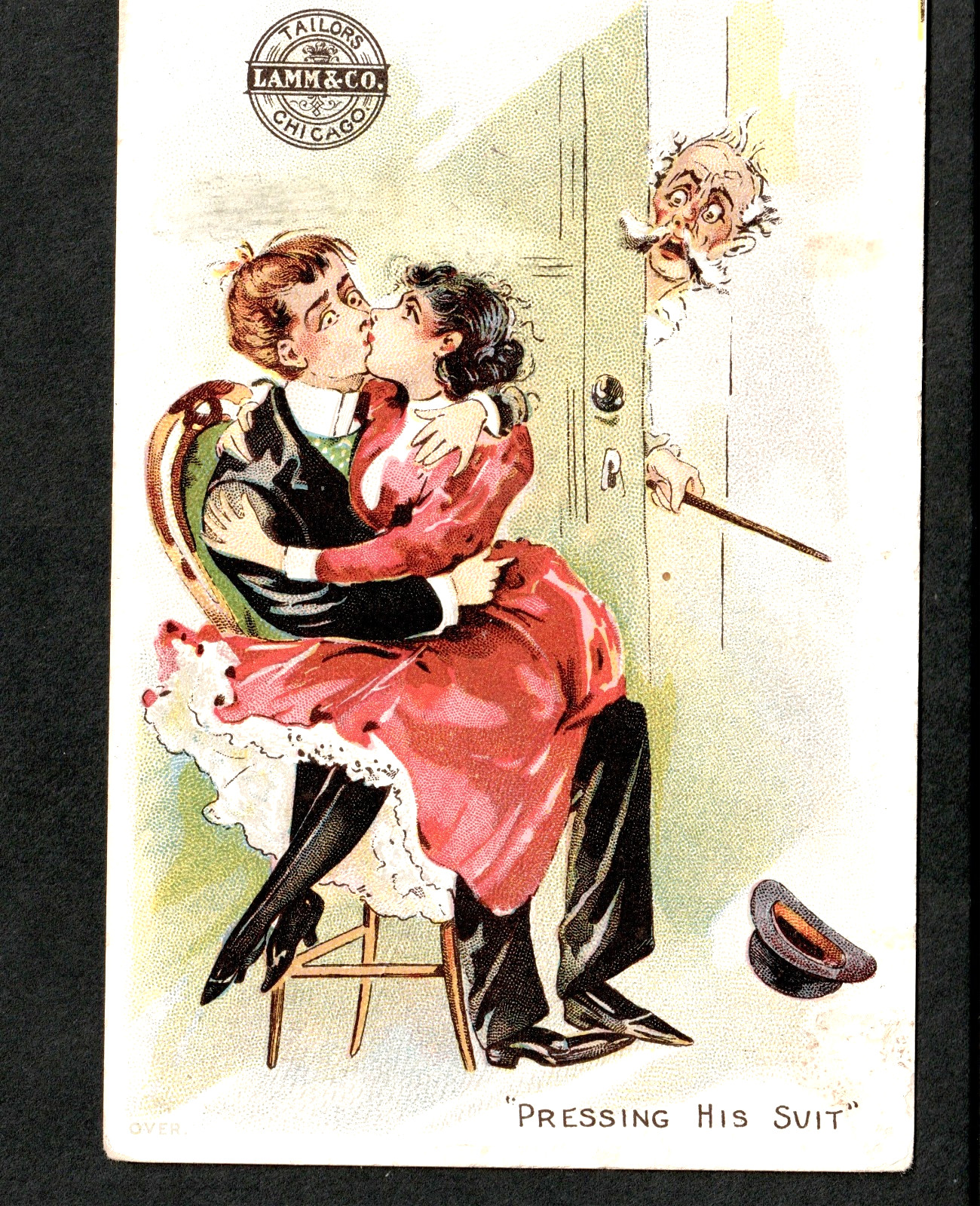 Victorian Lovers Lap Kissing Pressing Suit Lamm Tailor Chicago Trade Card j.US