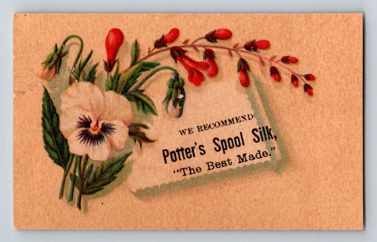 Victorian Trade Card Potter’s Spool Silk Pansy Flowers Sewing Thread 2.5″ x 4″