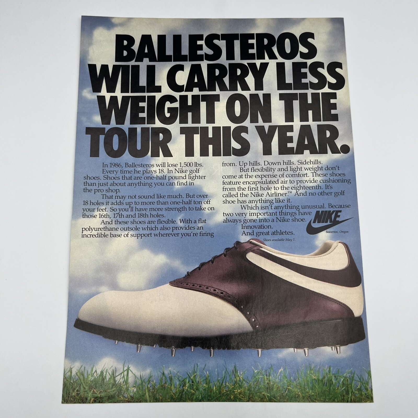 NIKE Golf Shoes 1986 Vintage Print Ad 8″x11″ Steve Ballasteros Nike Airliner