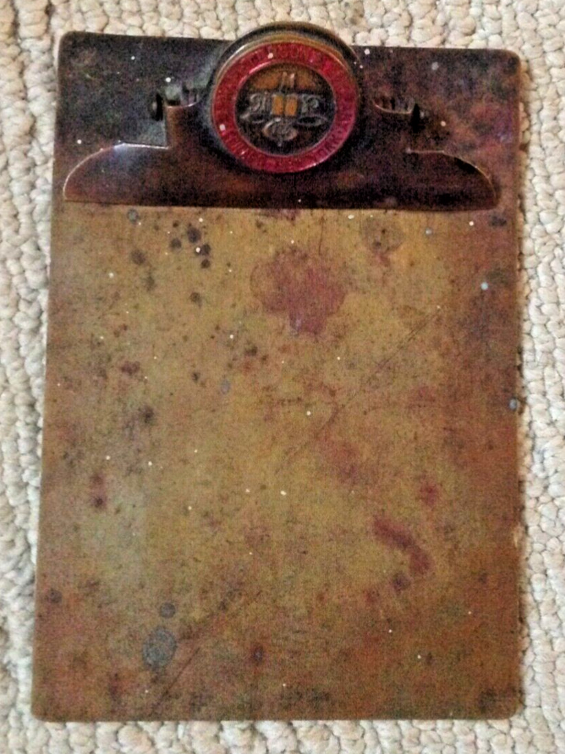 6”Antique BRONZE CLIP BOARD Row & Peterson Co. Chicago New York Enamel Badge Art