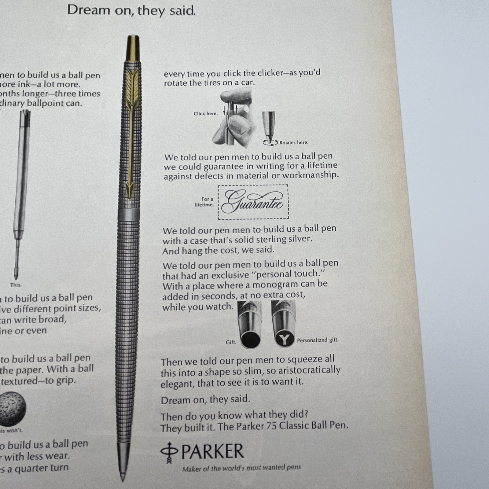 Parker 75 Pen 1971 Vtg Print Ad 10″x13.25″ dream on they said Sterling Silver