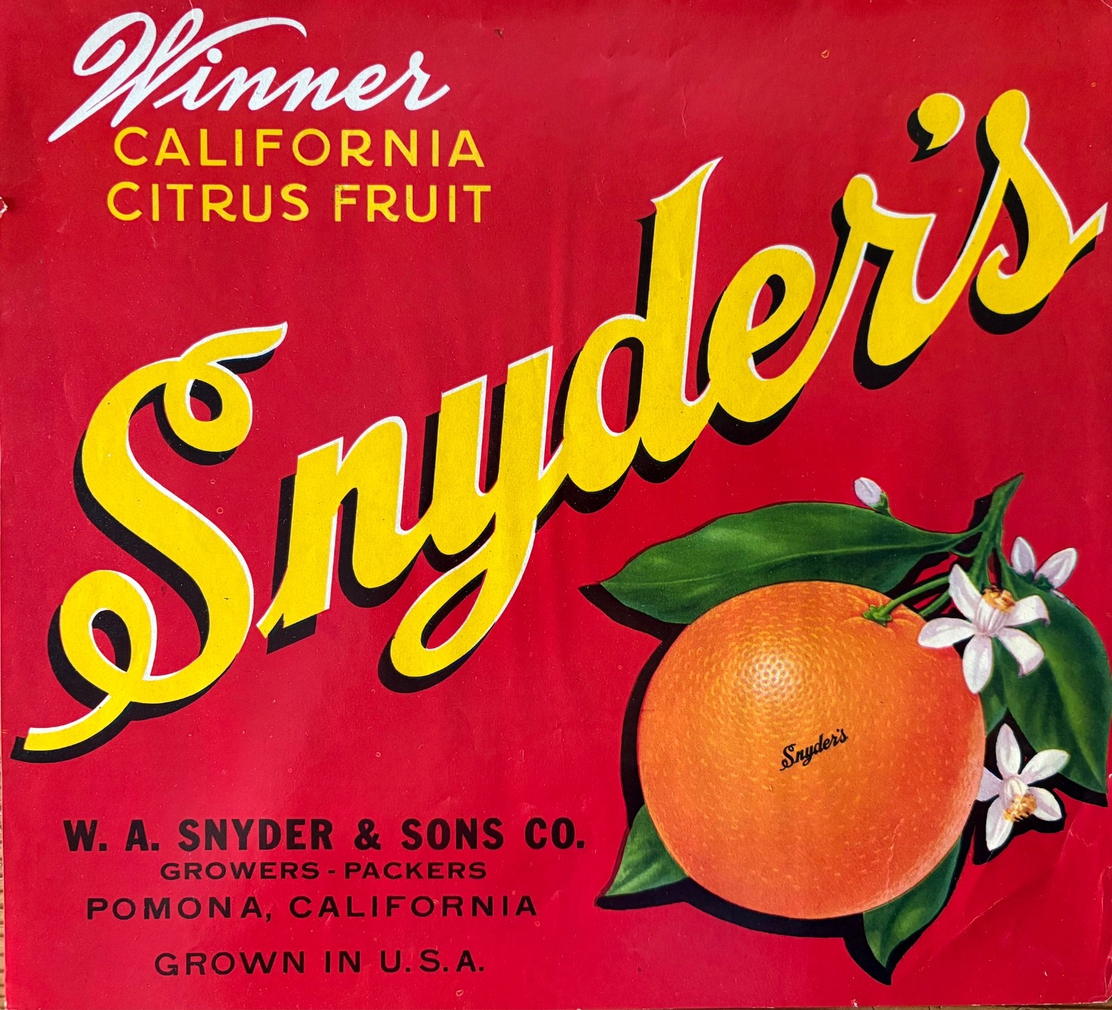 *Original* SNYDER’S RED Pomona WINNER Orange Crate Label NOT A COLOR COPY!