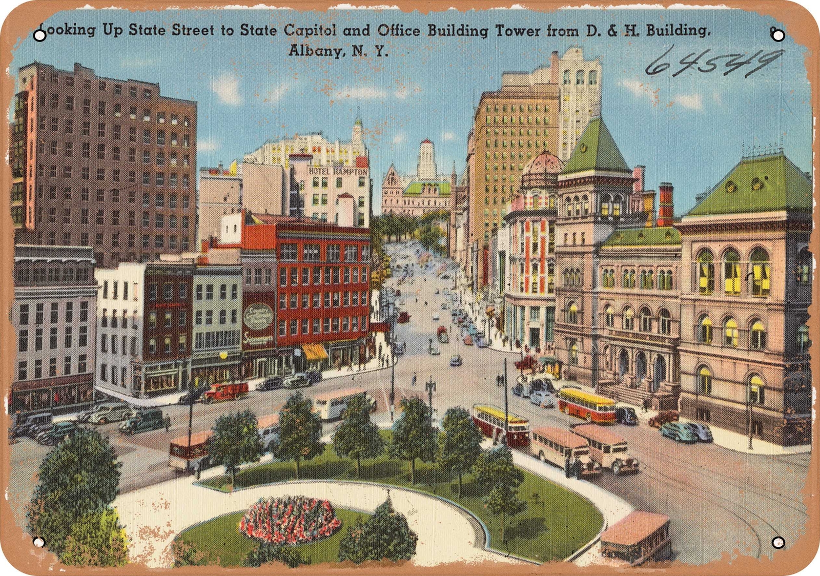 METAL SIGN – New York Postcard – Looking up State Street to State Capitol and o