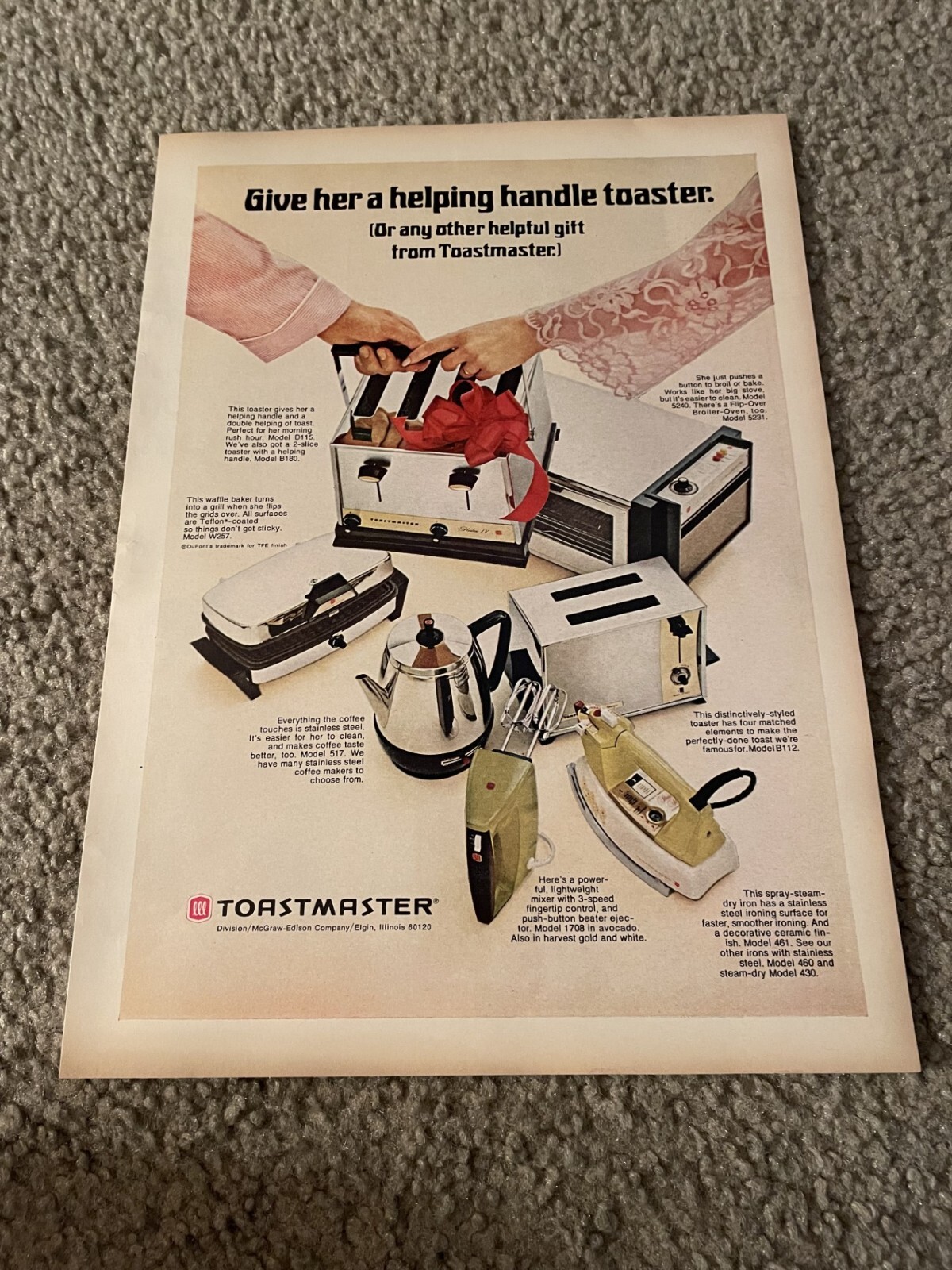 Vintage 1970 TOASTMASTER TOASTER 115 WAFFLE BAKER W257 COFFEE MAKER 517 PRINT AD