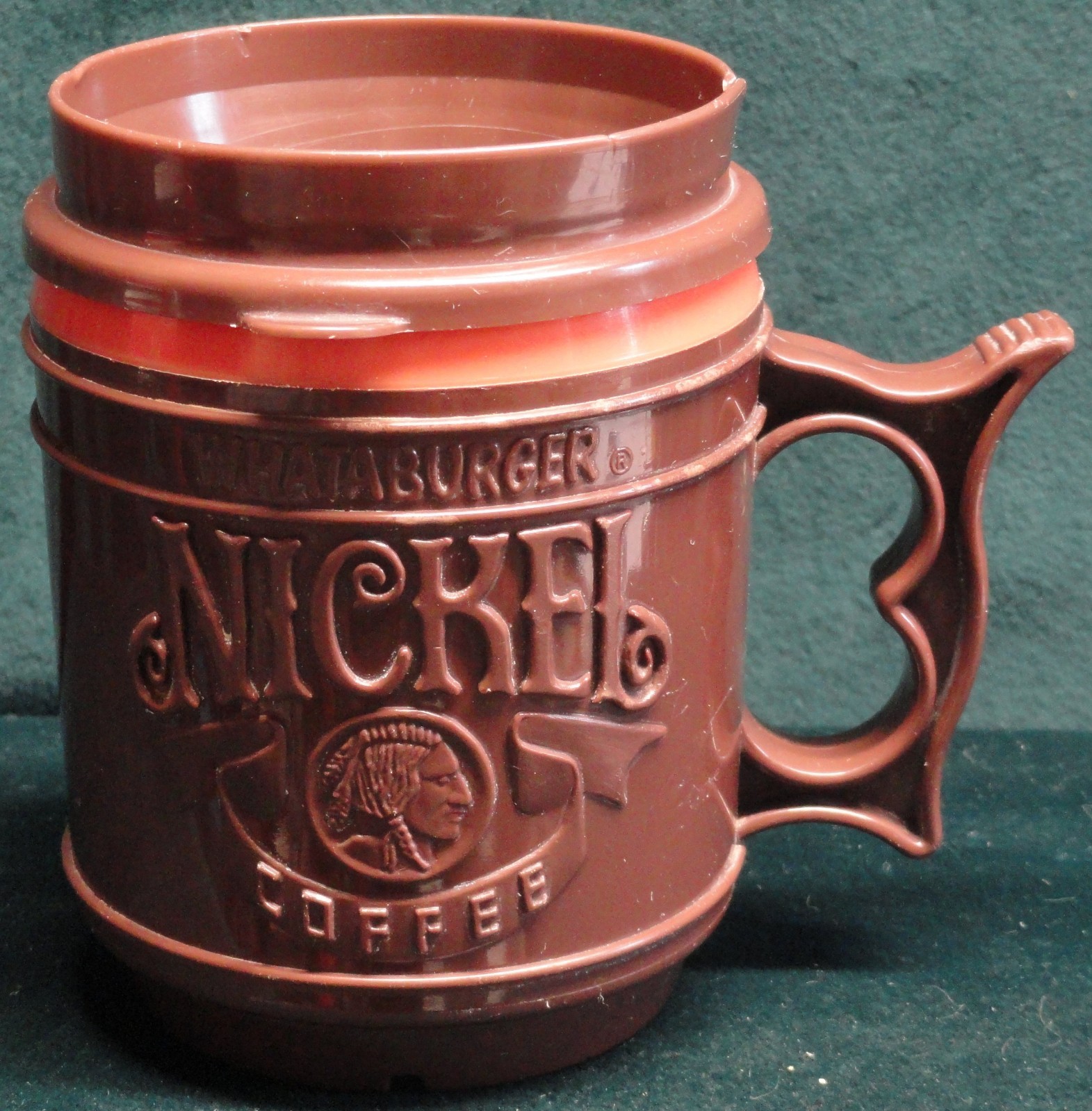 Vintage Whataburger Nickel Coffee Mug Brown & Orange Plastic Travel Cup with Lid