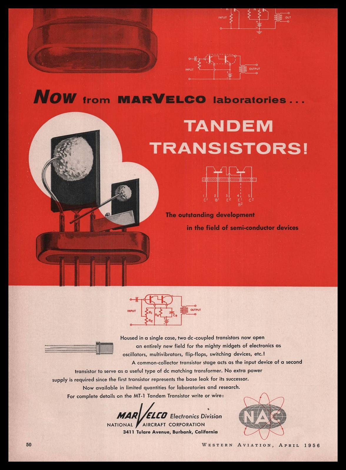 1956 Marvel Aircraft Electronics Burbank California Tandem Transistors Print Ad